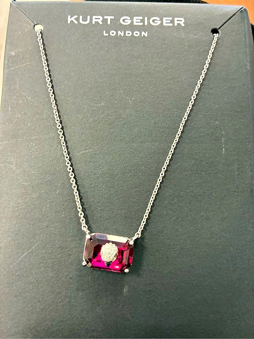Kurt Geiger London Emerald Cut Crystal Pendant Necklace purple stone & Silver, n
